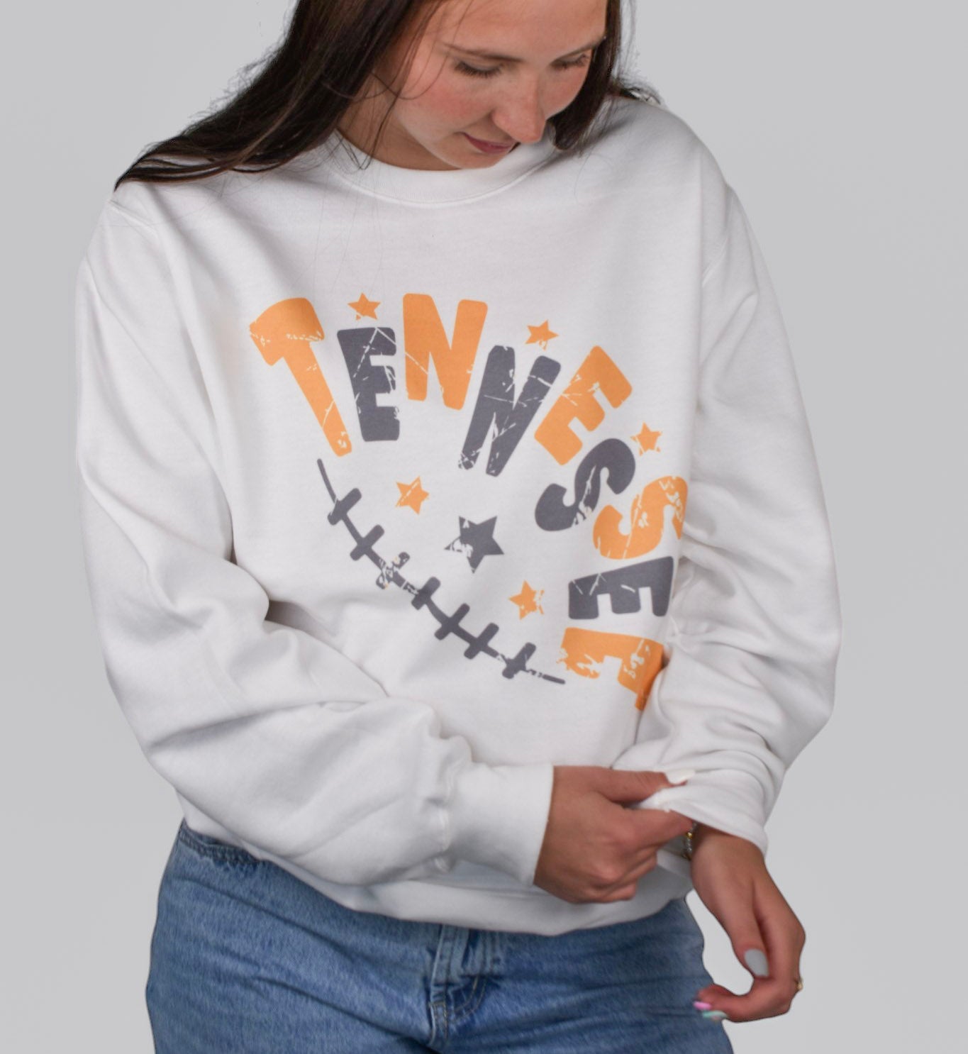 Distressed Retro Tennessee Football Letter and Laces Crewneck Sweatshirt