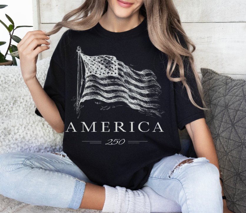 America 250 Flag Tee – Black Comfort Colors Tee