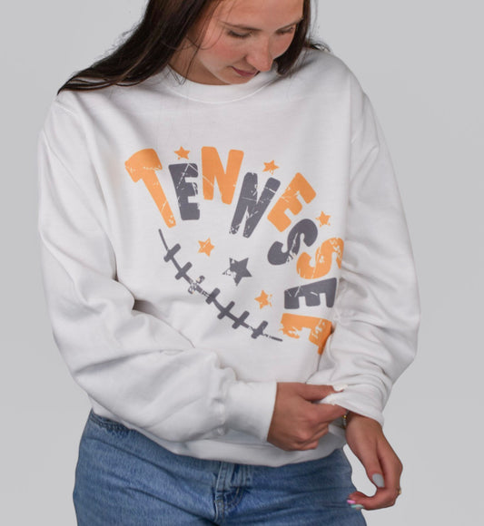 Distressed Retro Tennessee Football Letter and Laces Crewneck Sweatshirt
